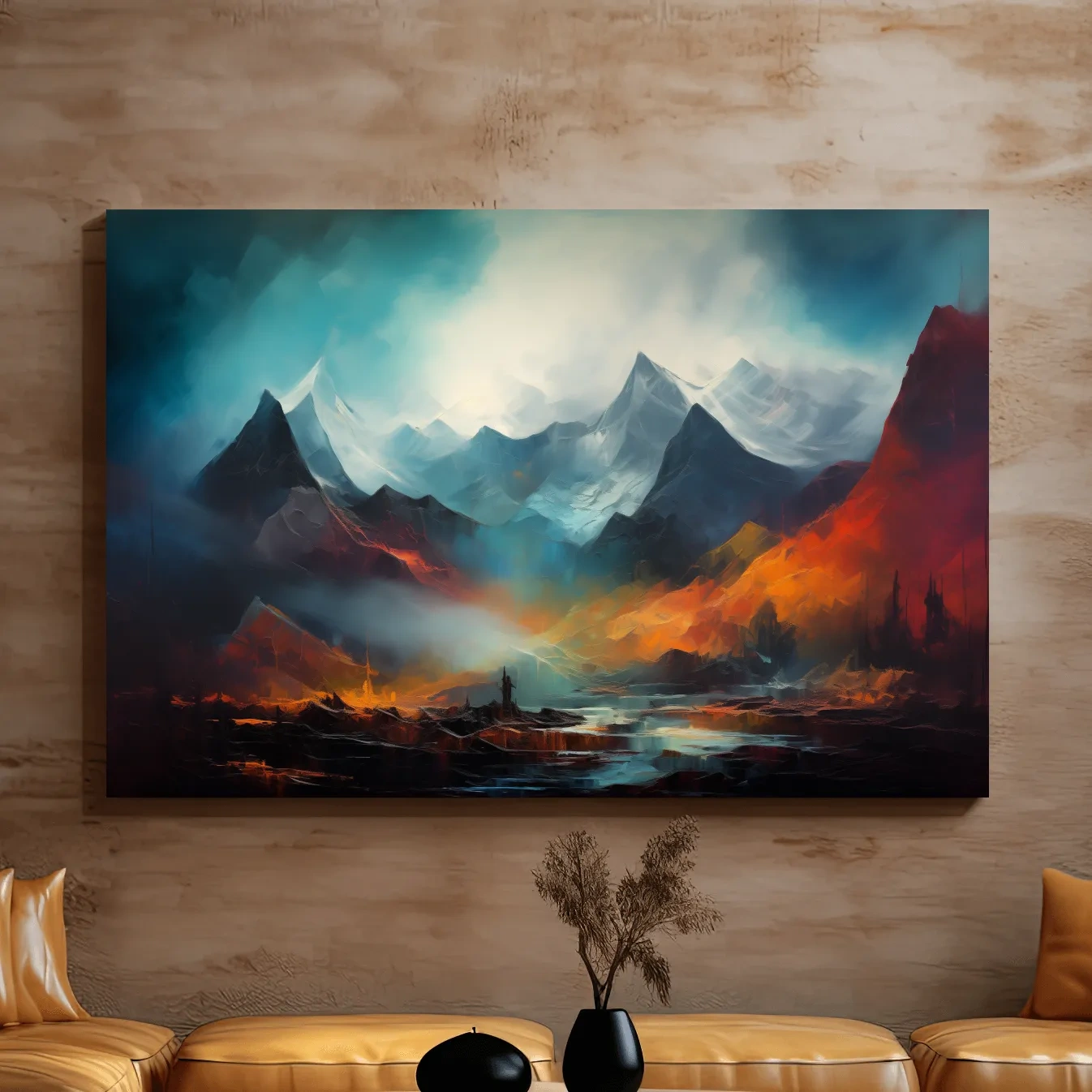 Colorful impressionist painting, abstract mountain landscape artwork