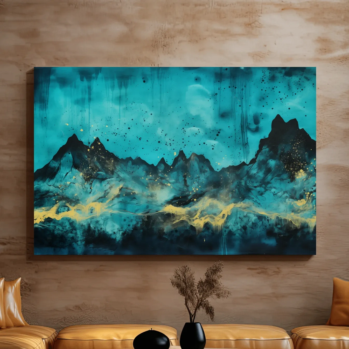 Mystical turquoise mountain wall art, abstract night sky with gold accents