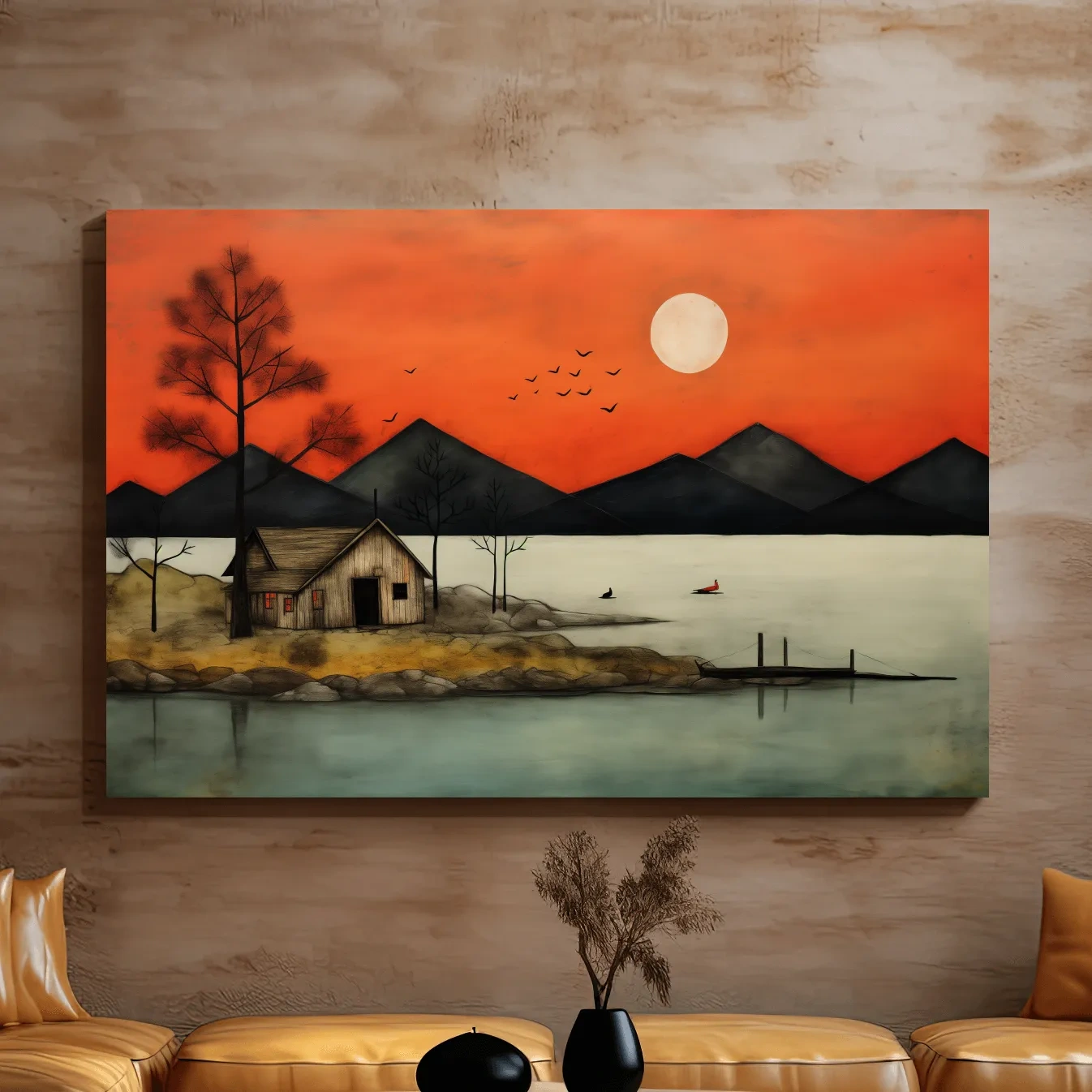 Rustic lakeside cabin art at sunset, textured effect wall art painting