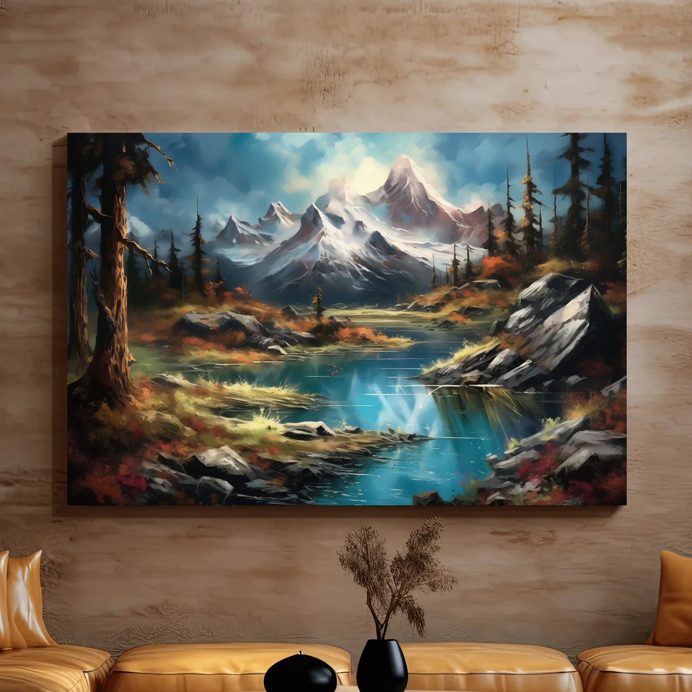 Serene alpine lake and snow-capped mountains wall artwork, vibrant scenic painting