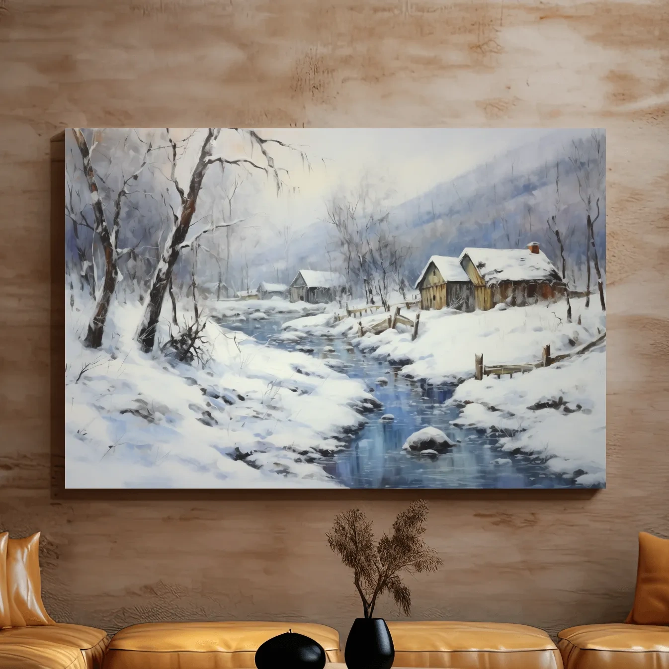Snowy landscape artwork with rustic cabins beside a frozen stream, serene winter wall art