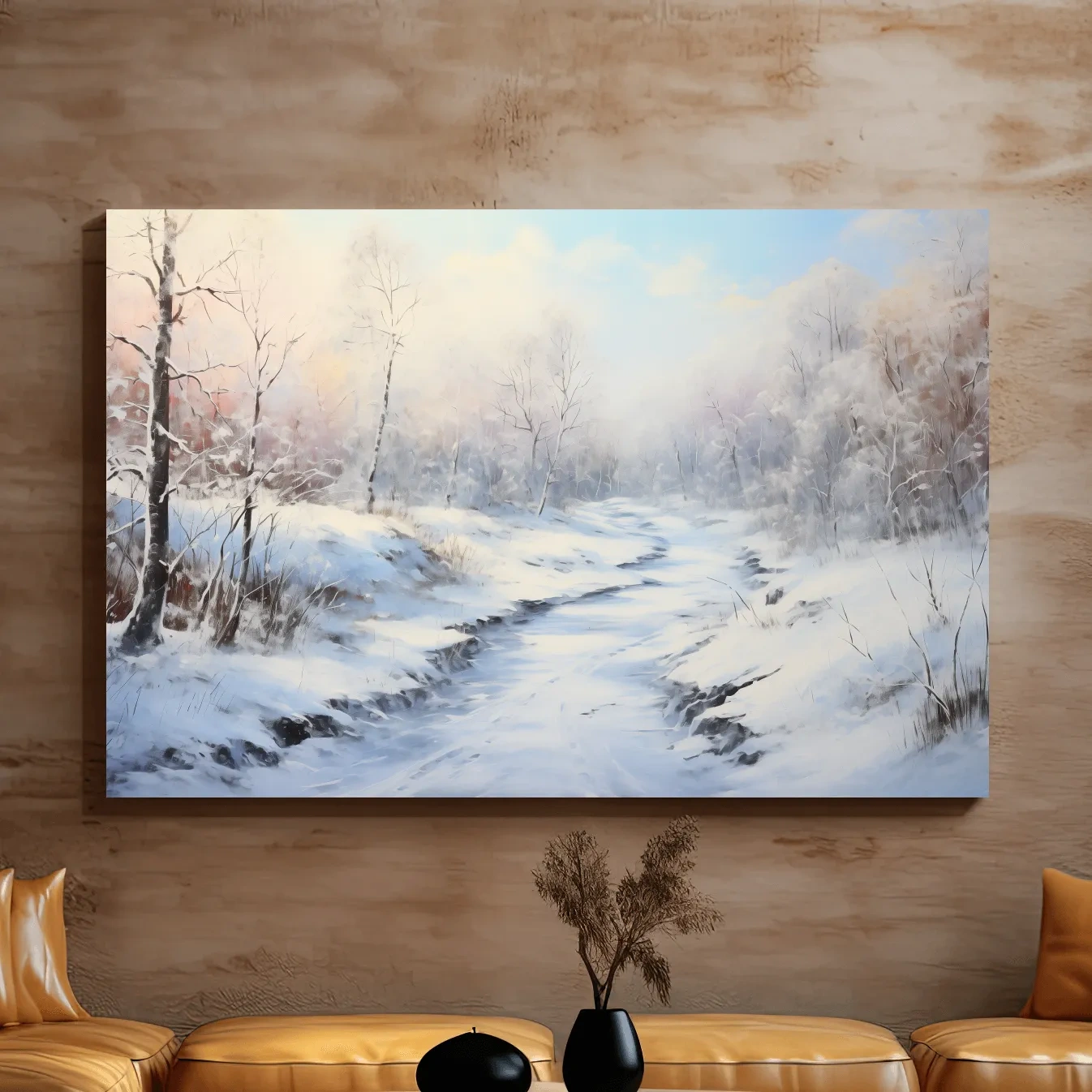 Winter landscape artwork, serene snowy forest path with soft pastel sky