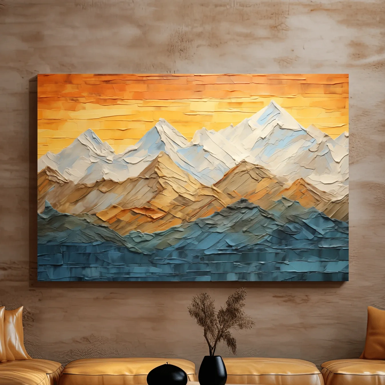 Glacier sunset mountain art, textured pallet knife painting effect