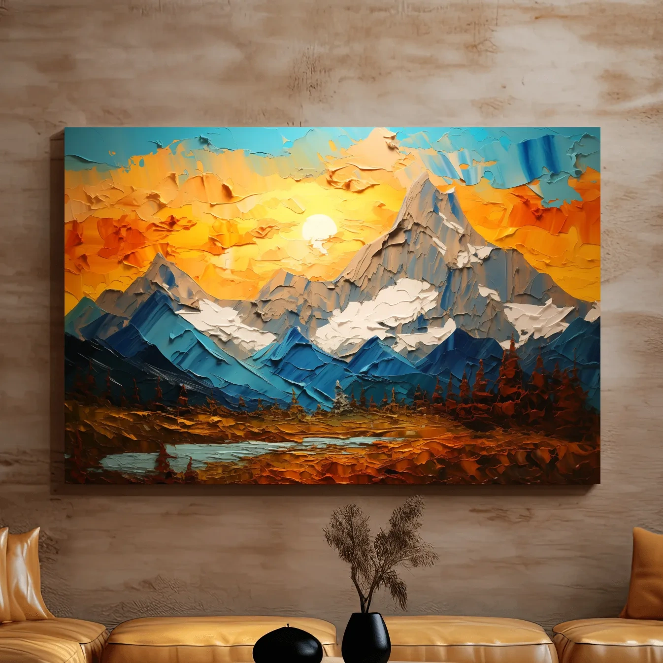 Textured Palette Knife Mountain Sunset - Vibrant Abstract Alpine Artwork