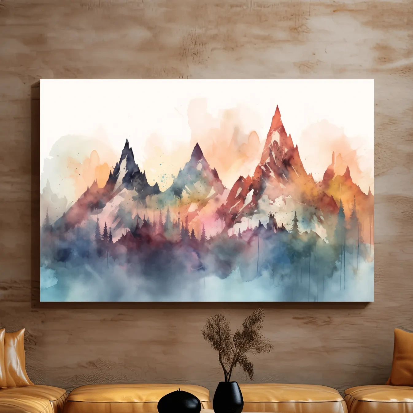 Colorful watercolor mountain wall art, serene misty landscape painting