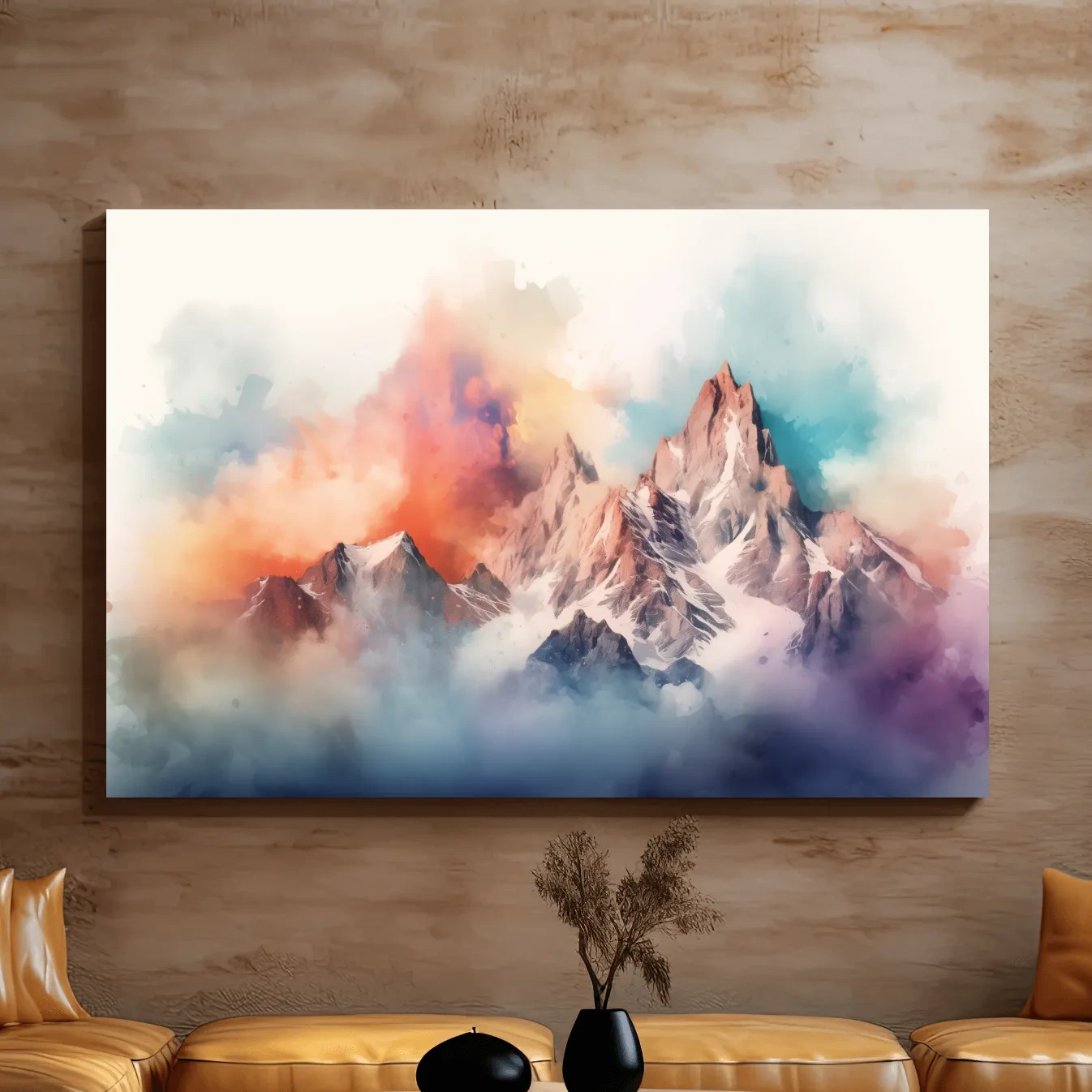 Abstract colourful mountain artwork, vibrant effect with clouds and peaks