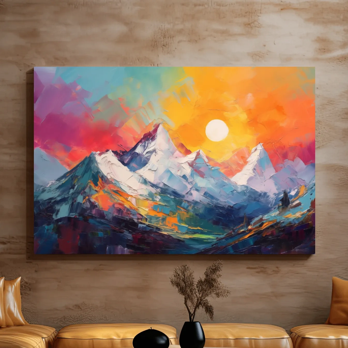 Colorful abstract mountain wall art, vibrant sunset oil painting print