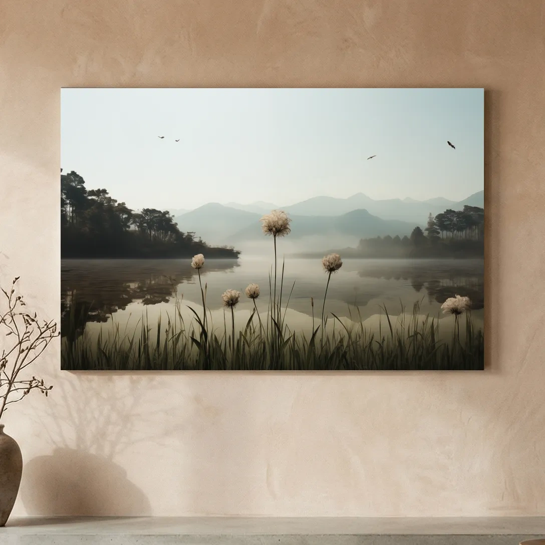 Misty Lake Painting With Wildflowers - Serene Landscape Wall Art