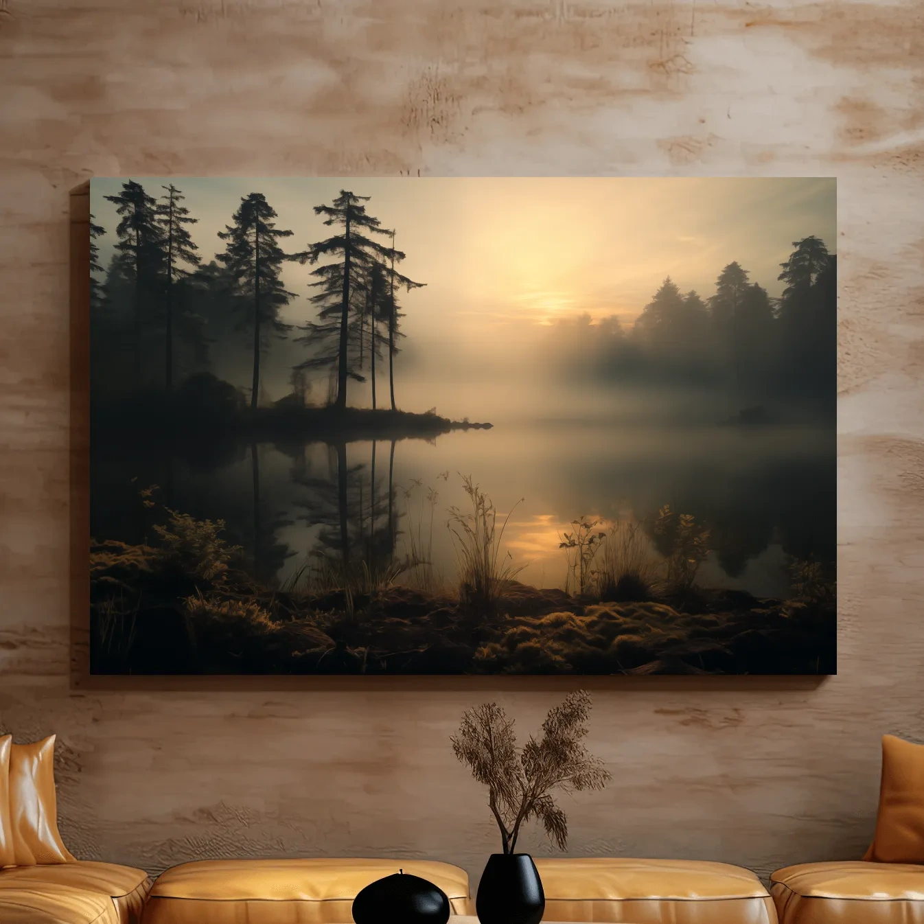 Photographic art of a misty lake at sunrise