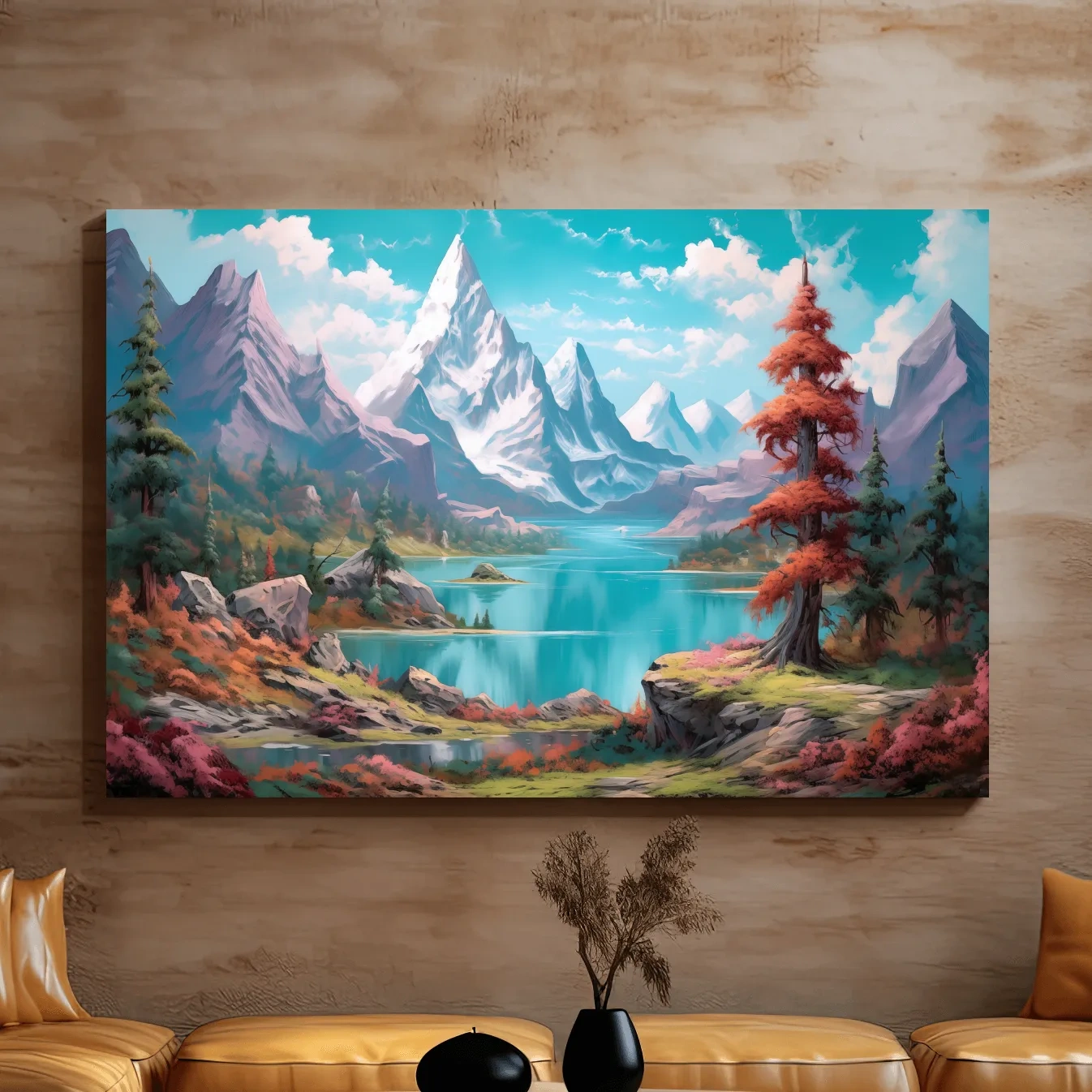 Painting of a surreal alpine mountain landscape