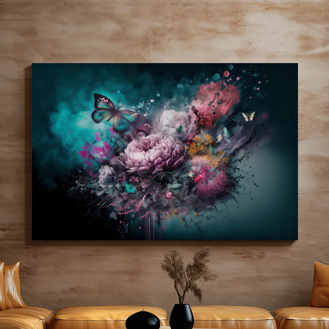 Surreal Floral Butterfly Explosion Painting - Vibrant Botanical Wall Art