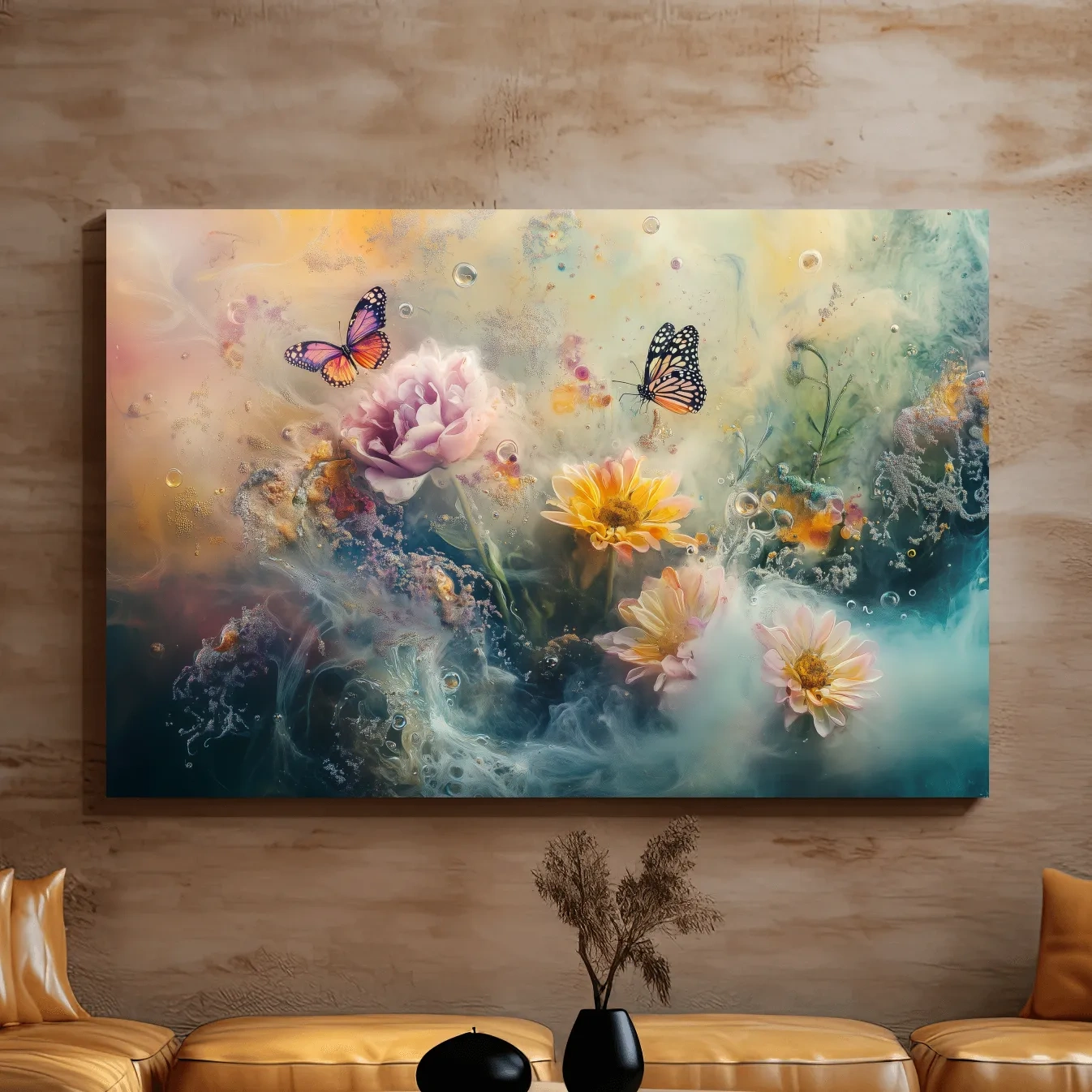 Abstract butterfly and flower wall art painting, dreamy pastel artwork