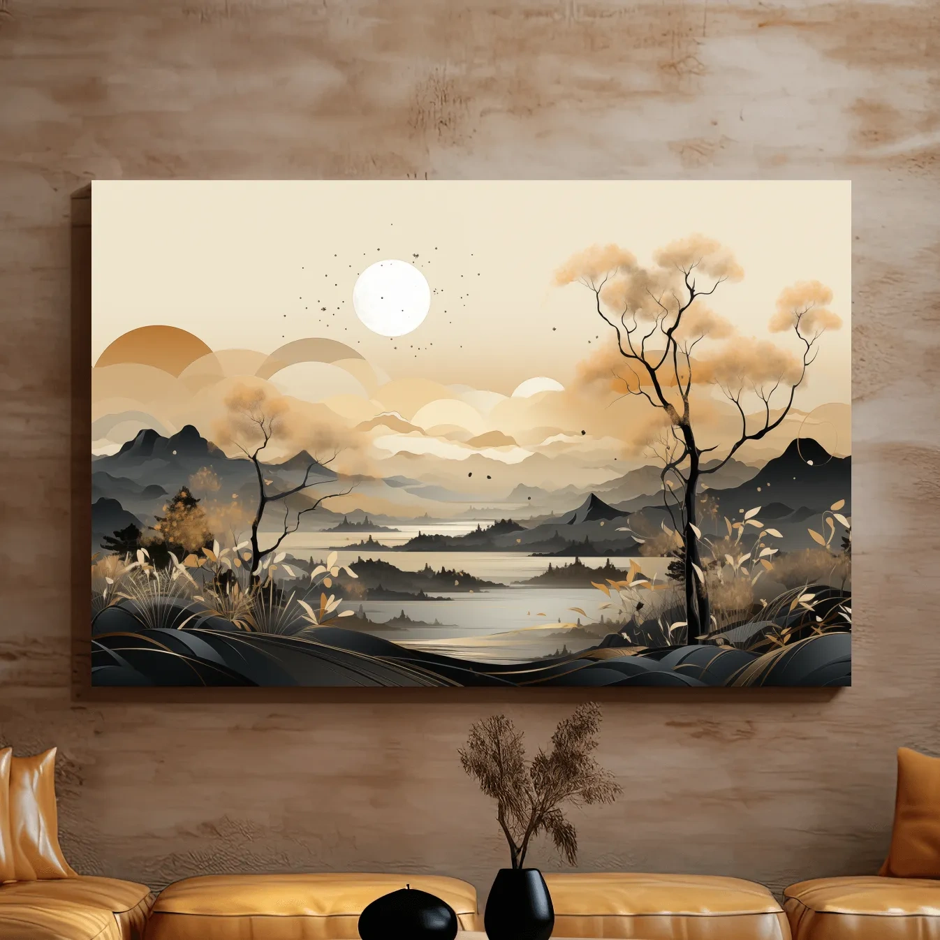 Japandi Misty Mountain Lake Landscape - Boho Wall Artwork