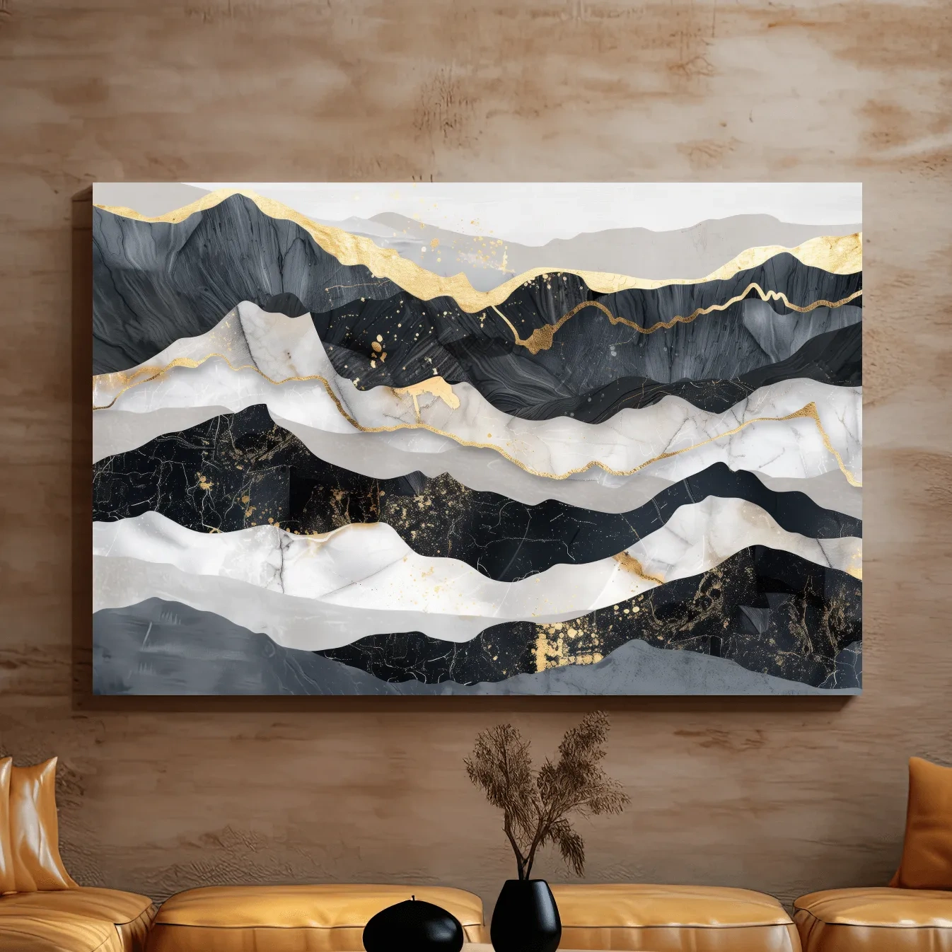 Abstract elegant artwork, layered mountain ridgelines, gold leaf style modern wall art