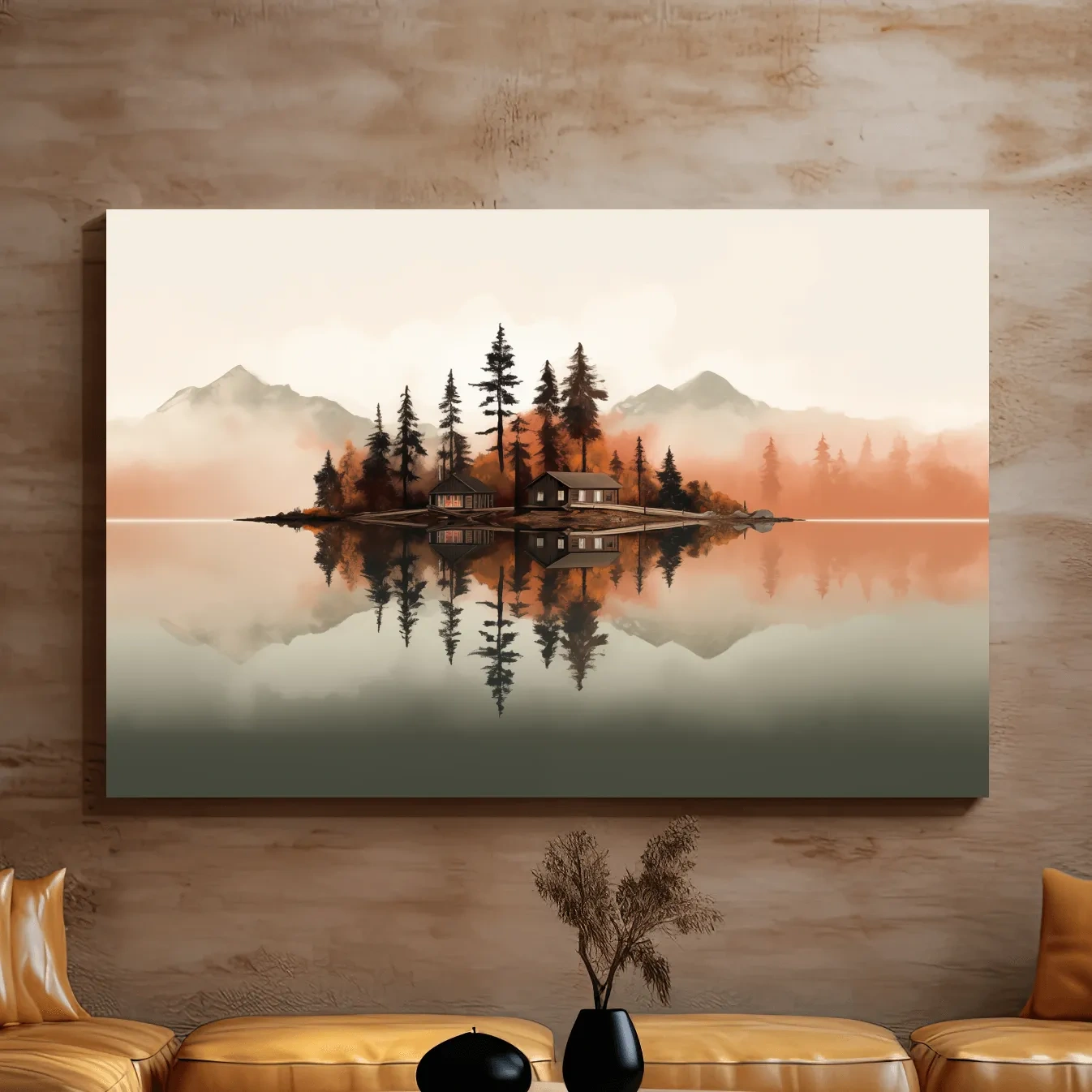 Minimalist art, lakeside cabin amongst the trees