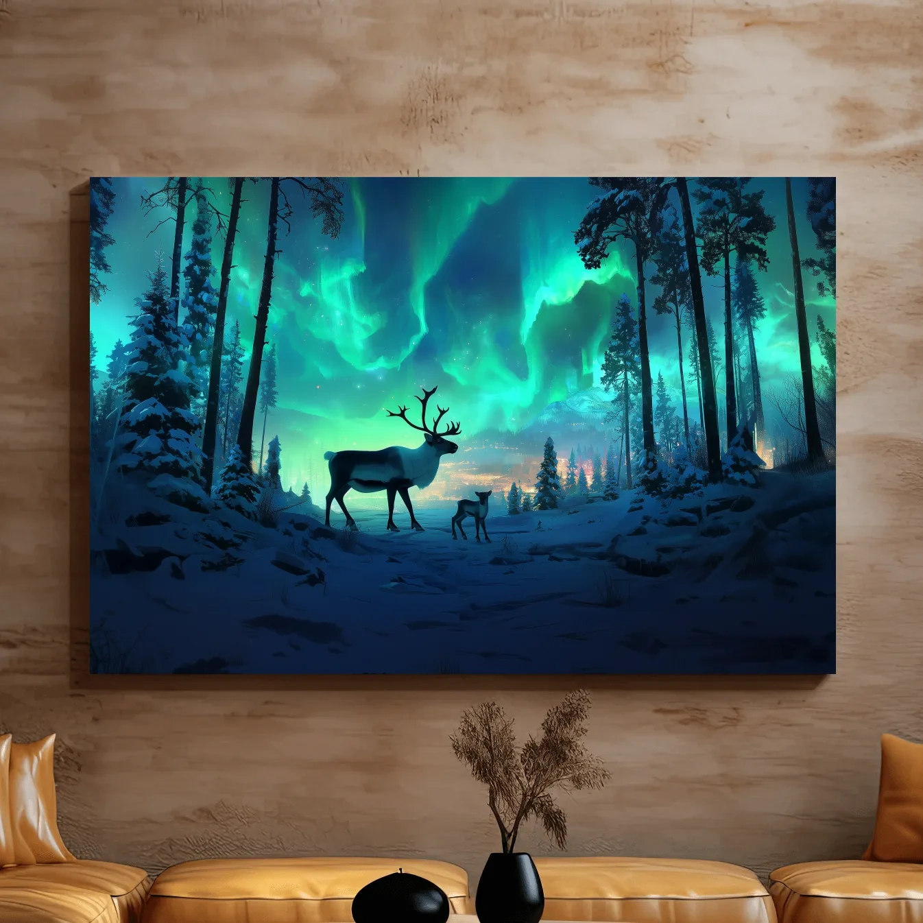 Caribou buck and fawn under vibrant northern lights in a snowy winter forest