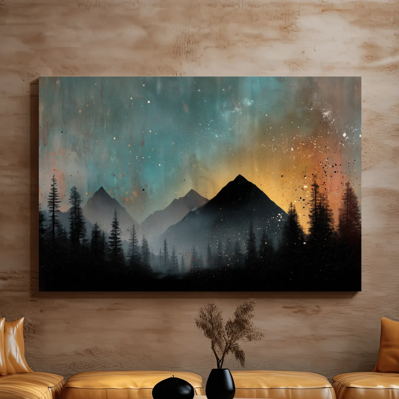 Colorful mountain sunrise artwork, misty forest and starry sky painting