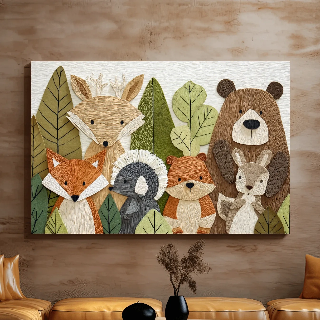 Woodland animal nursery decor, cute forest animal wall art in textured embroidery style