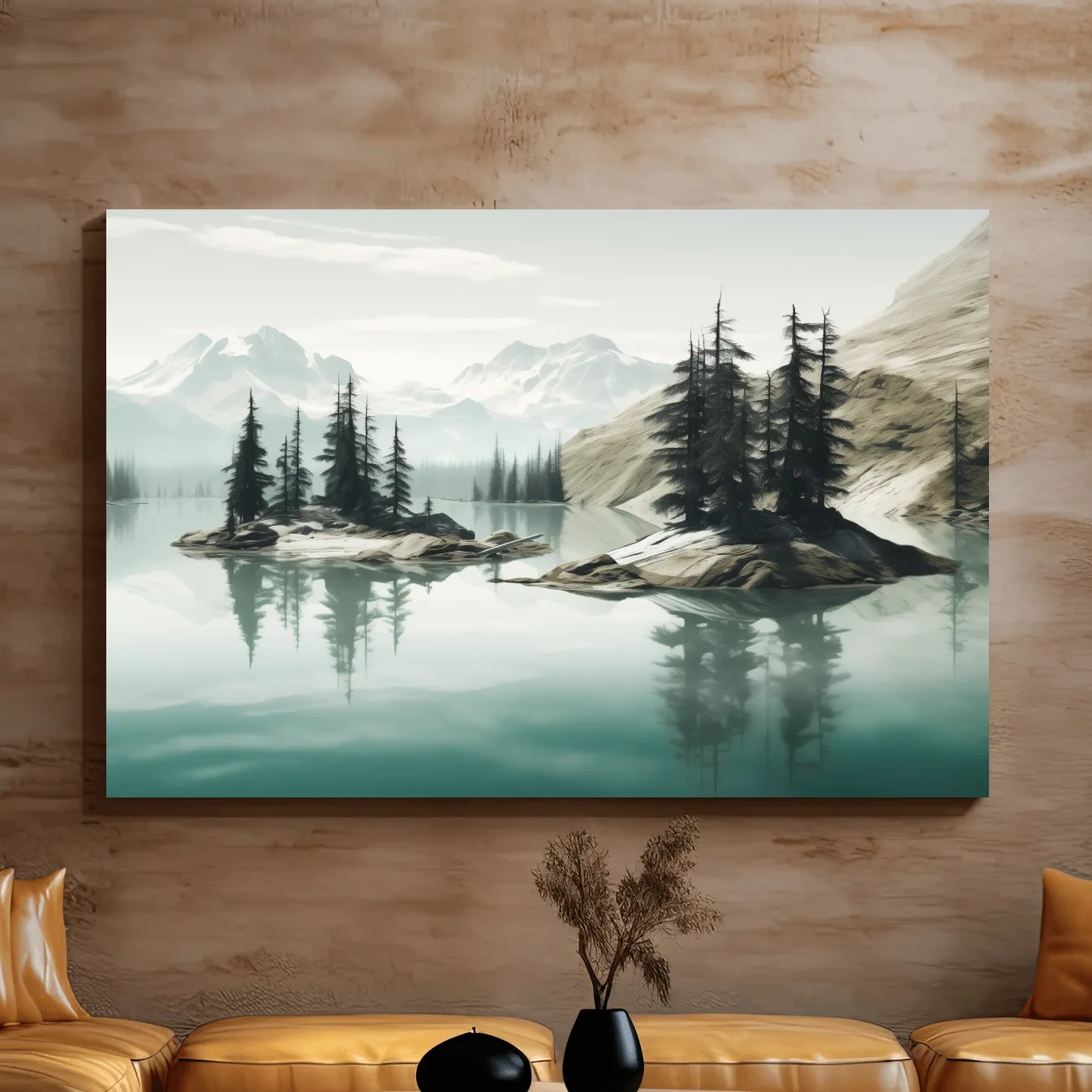 Painting of trees on a pacific northwest turquoise lake alpine lake