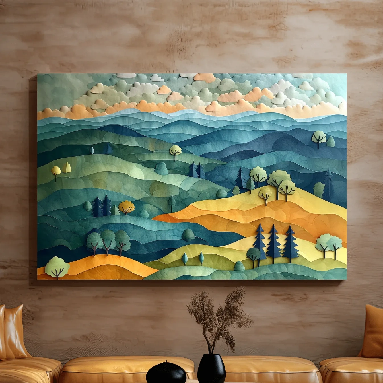 Colorful rolling hills and trees artwork, layered paper cutout effect
