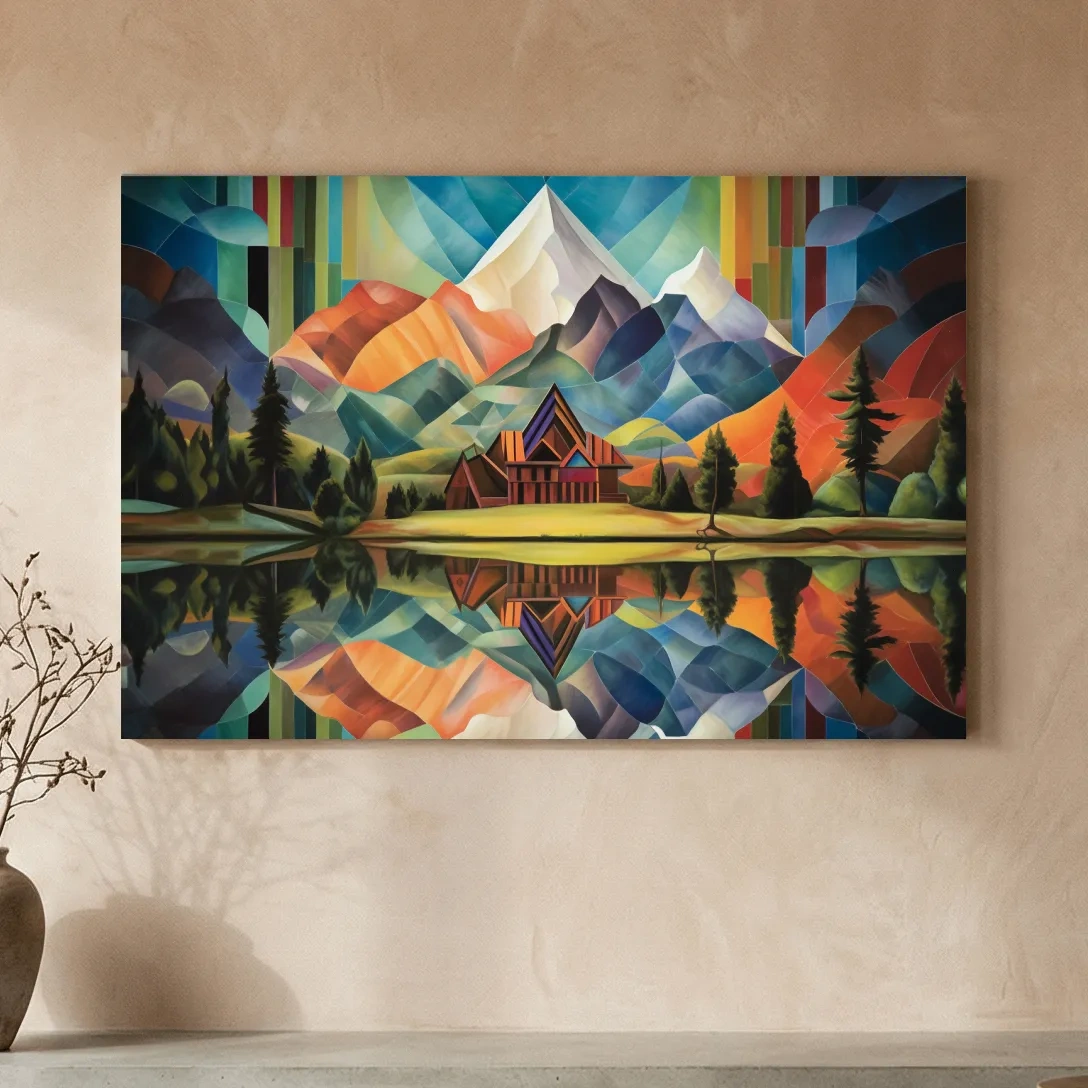 Vibrant Geometric Mountain Cabin Lake Reflection - Colorful Abstract Landscape Wall Art
