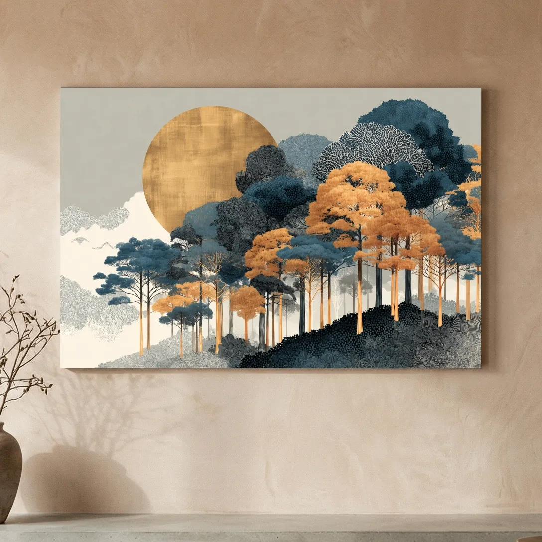 Modern Chic Golden Sun Over Autumn Forest - Elegant Boho Landscape Wall Art