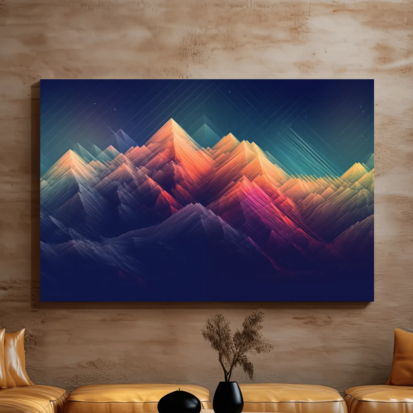 Colorful abstract mountain wall art, glitch art geometric gradient design