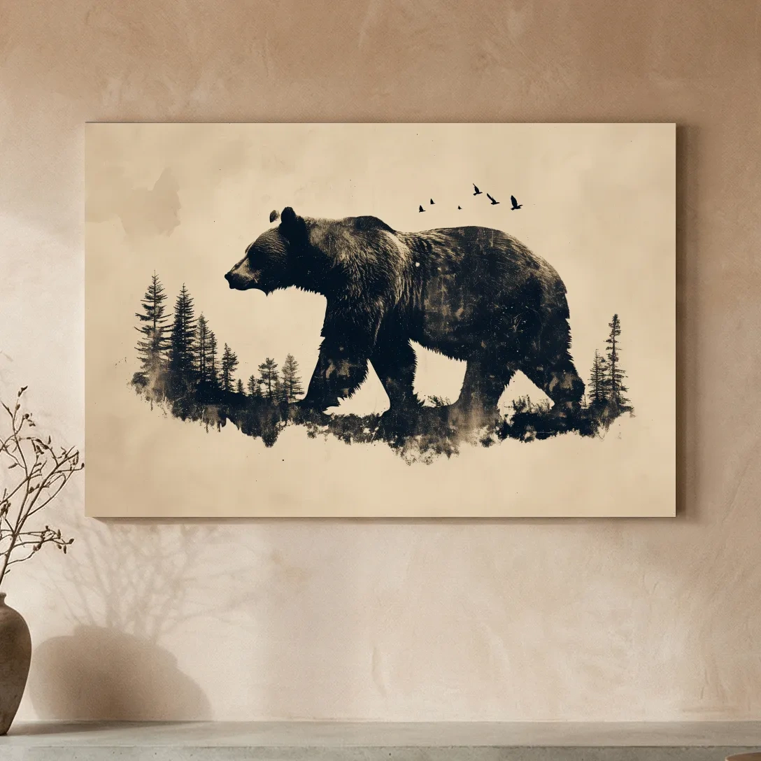 Vintage Grizzly Bear Forest Silhouette - Rustic Wildlife Wall Art