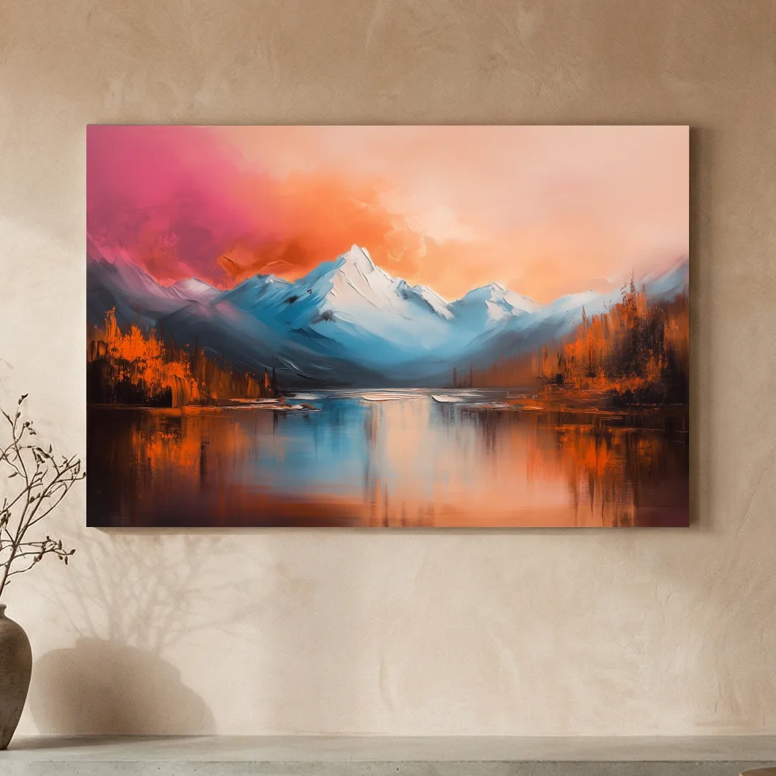 Sunset Mountain Lake Painting - Serene Abstract Landscape Wall Art Print
