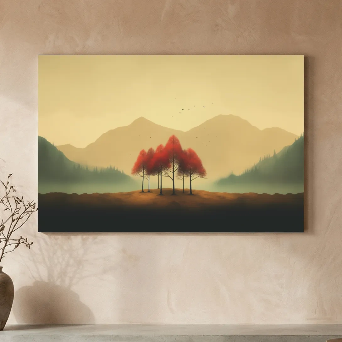 Minimalist Autumn Tree Grove Landscape - Misty Mountain Forest Wall Art