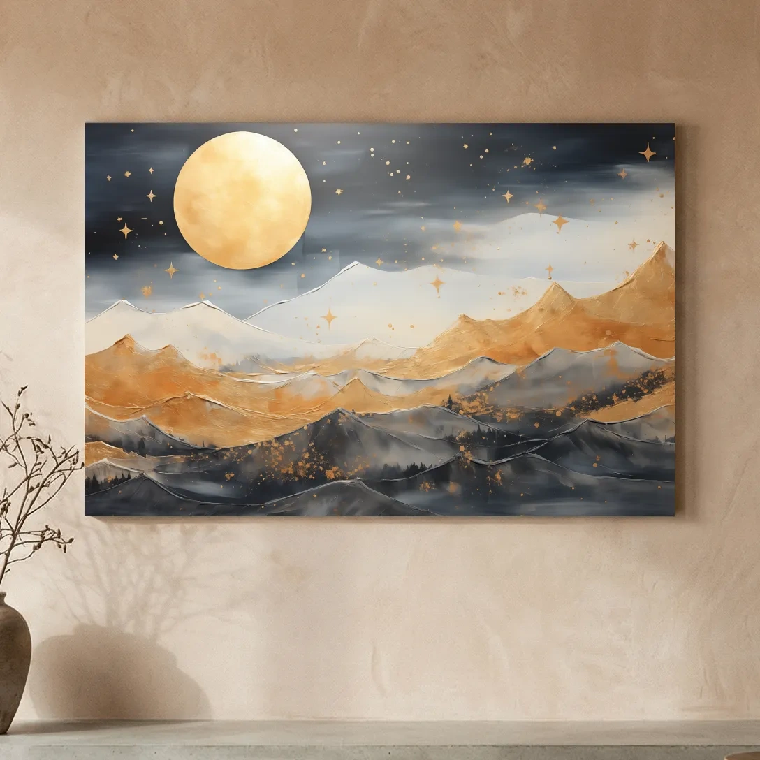Golden Moonlit Abstract Mountain Landscape - Modern Metallic Watercolor Wall Art