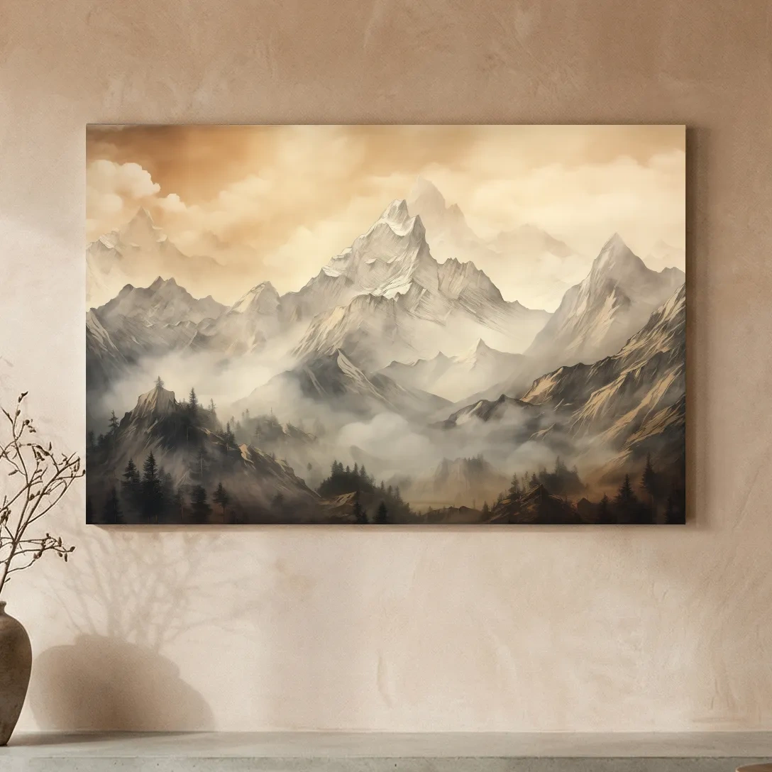 Moody Sepia Misty Mountain Peaks - Atmospheric Alpine Landscape Painting Wall Art