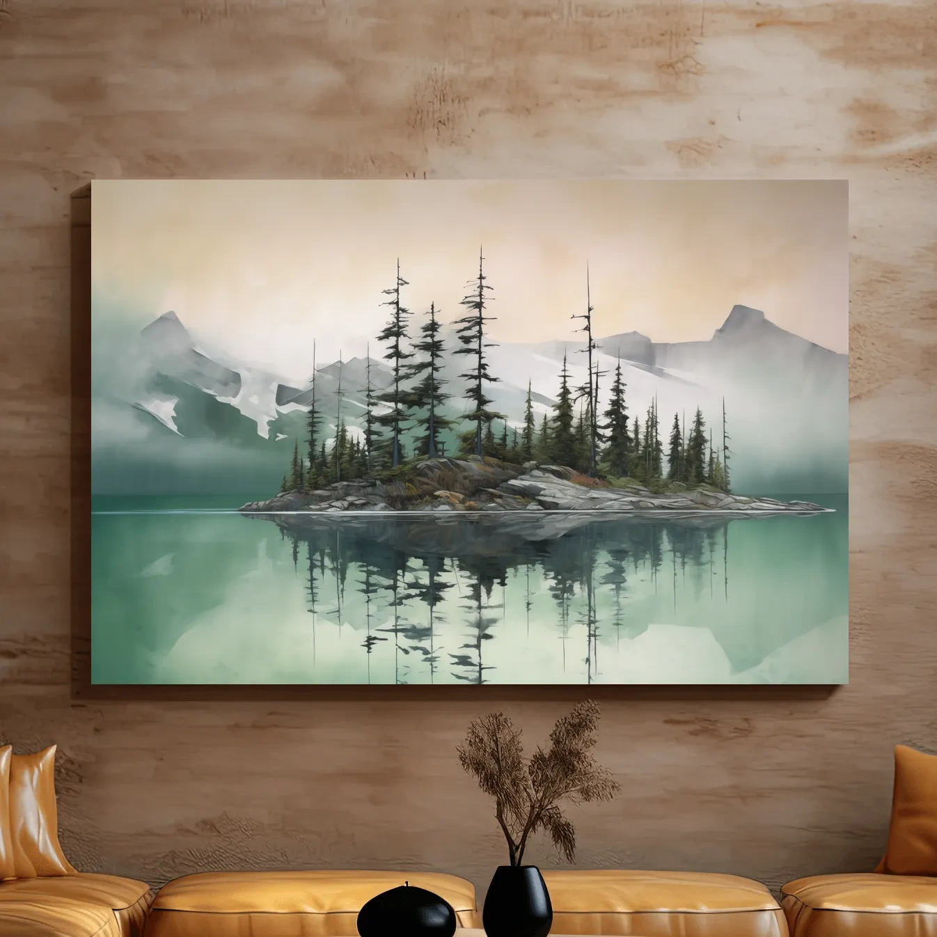 Misty Turquoise Alpine Lake Reflection - Serene Watercolor Mountain Landscape Wall Art