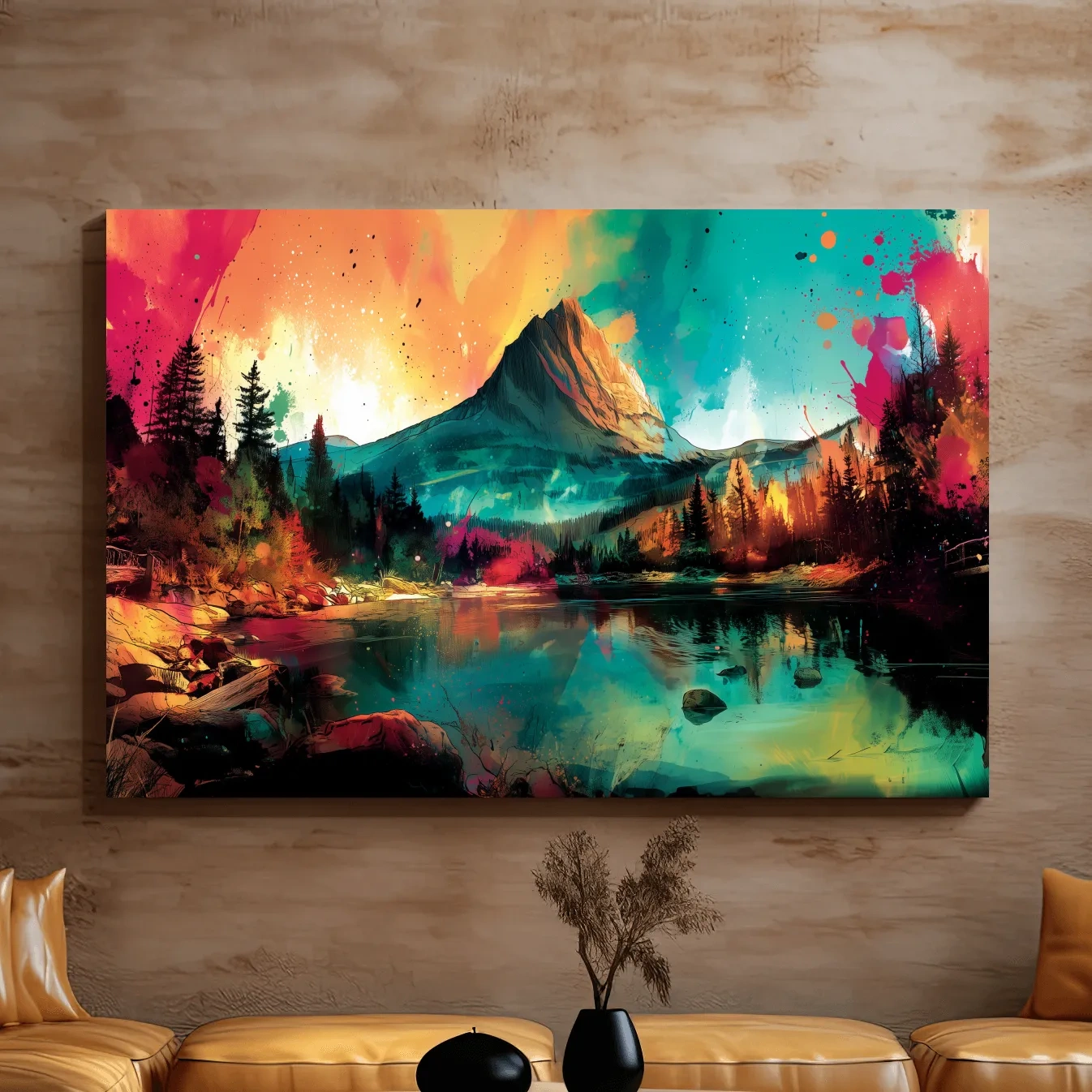 Vibrant Abstract Alpine Mountain Sunrise - Colorful Watercolor Style Artwork