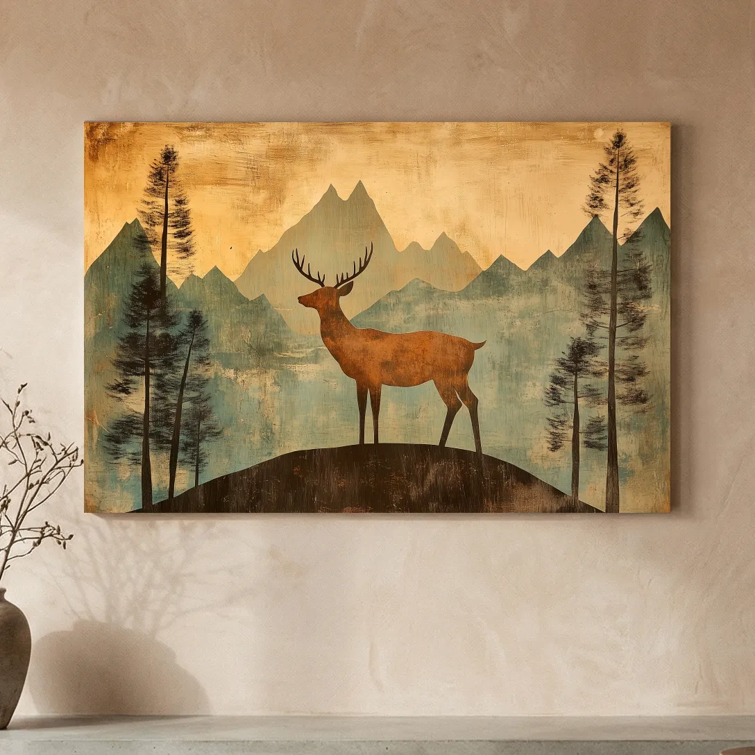 Rustic Deer Silhouette Mountain Landscape - Vintage Woodland Wall Art