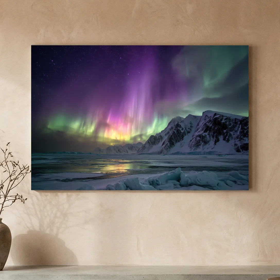 Vibrant Northern Lights Over Snowy Mountains - Aurora Borealis Photographic Night Sky Wall Art