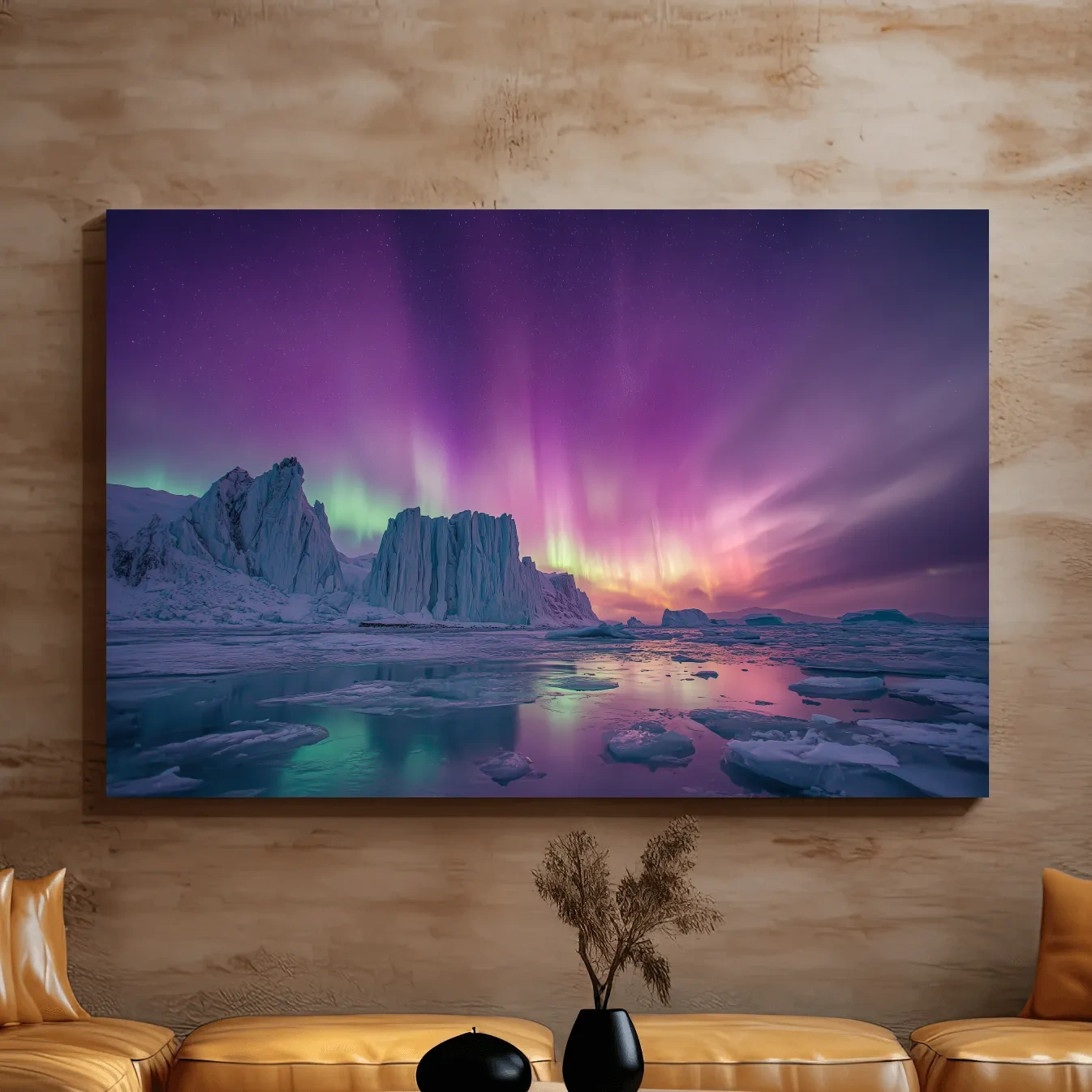 Vibrant Purple Northern Lights Over Arctic Icebergs - Aurora Borealis Landscape Wall Art