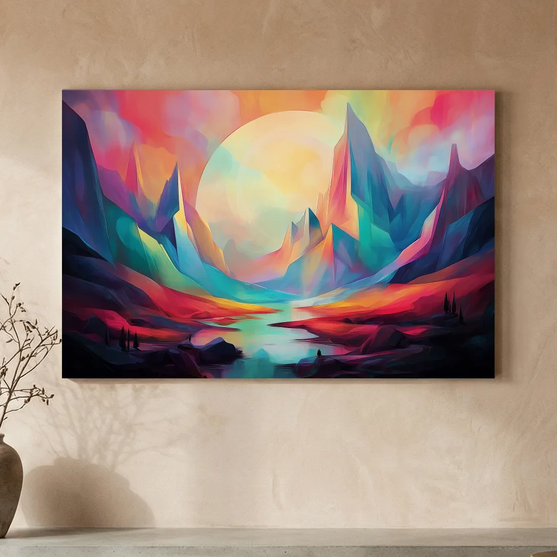 Vibrant Abstract Mountain Valley Sunset - Colorful Surreal Landscape Wall Art