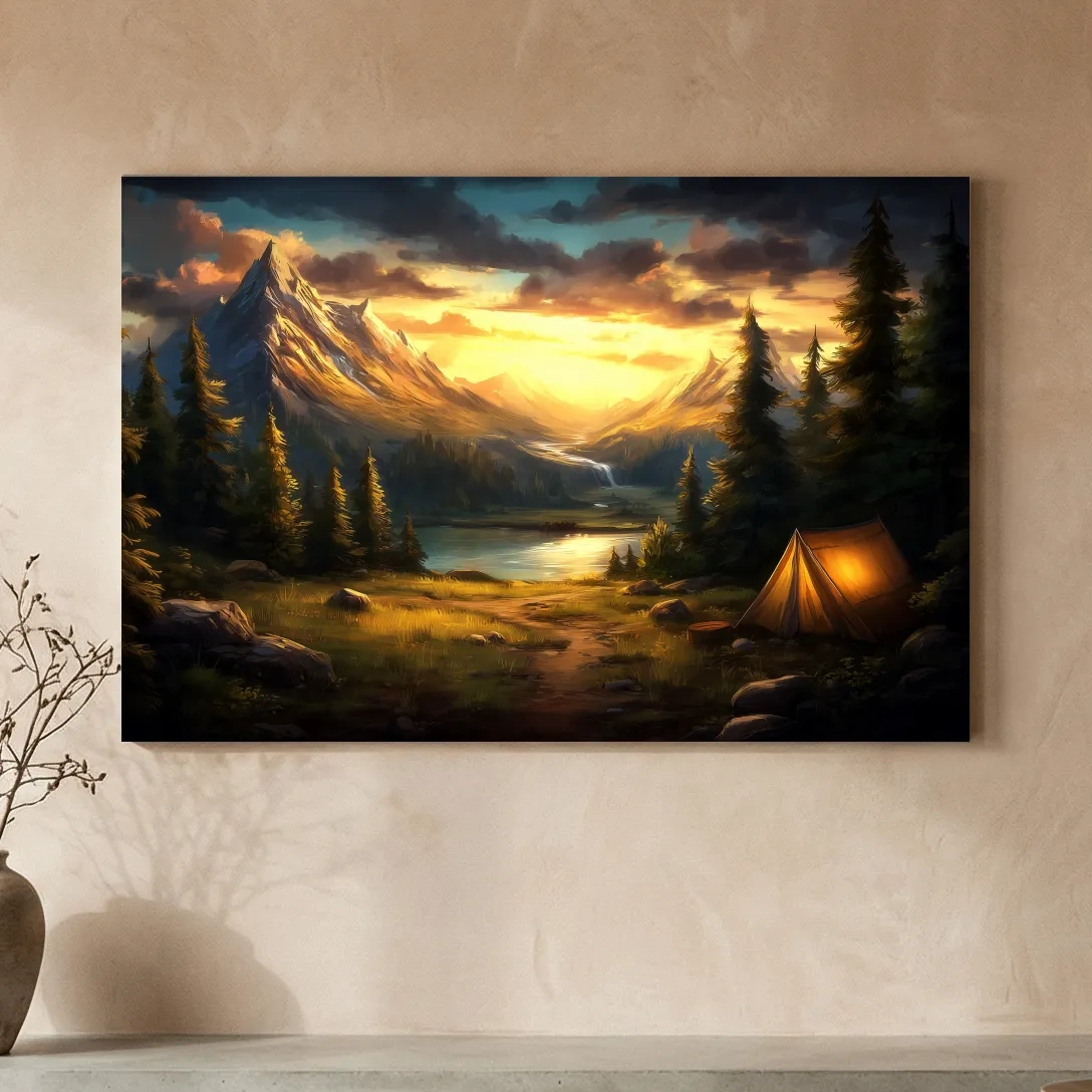 Golden Sunset Alpine Camping Scene Impressionist Painting - Scenic Mountain Wall Art