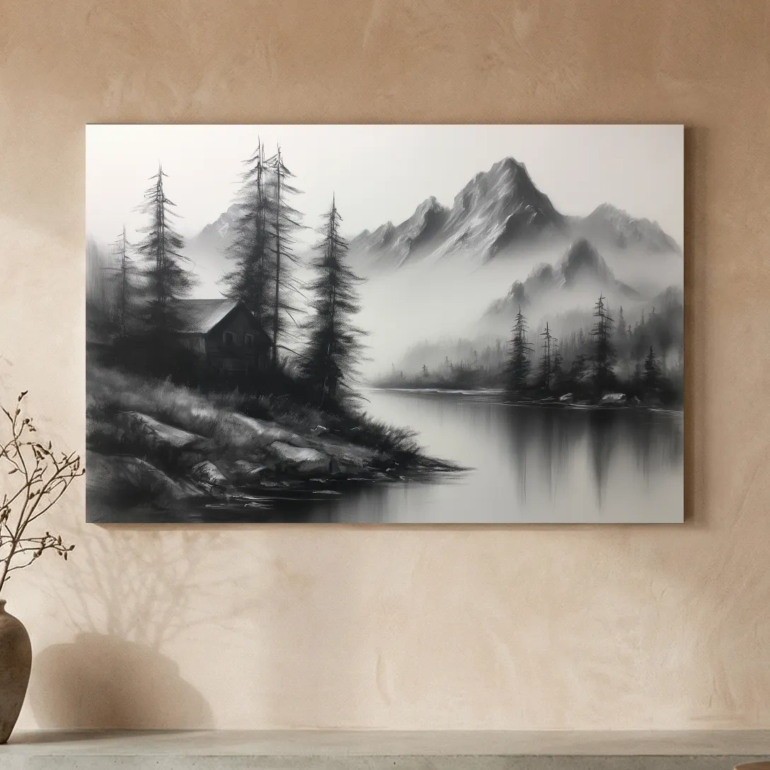 Moody Monochrome Alpine Lake Cabin - Charcoal Mountain Sketch Style Wall Art