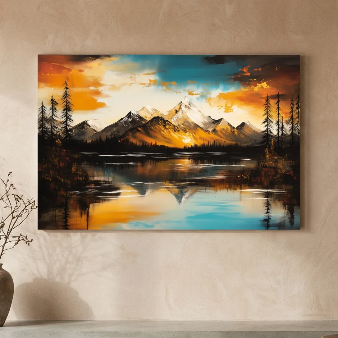 Alpine Mountain Sunset Oil Painting - Abstract Landscape Wall Art