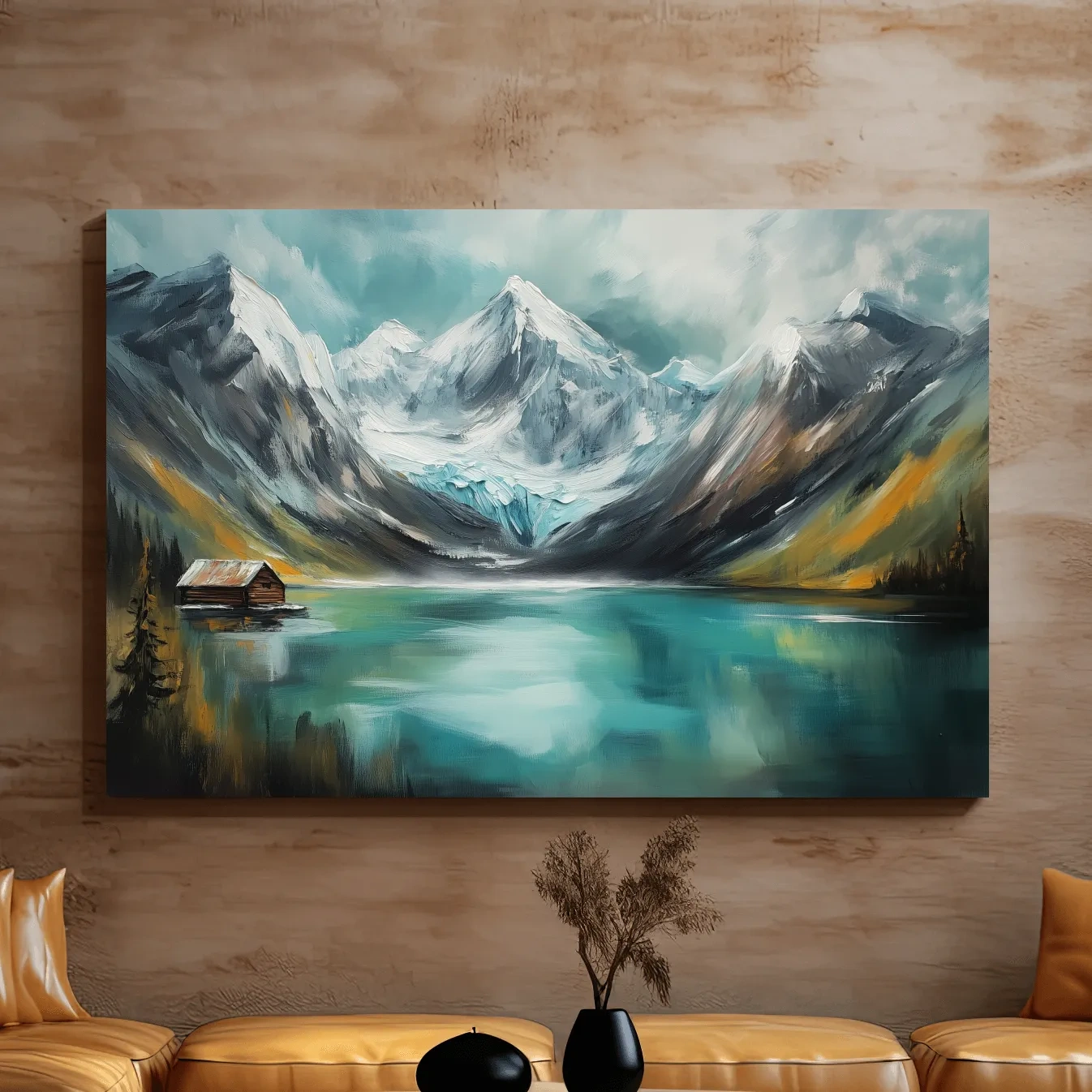 Turquoise Alpine Lake Cabin Painting - Snowy Mountain Landscape Wall Art