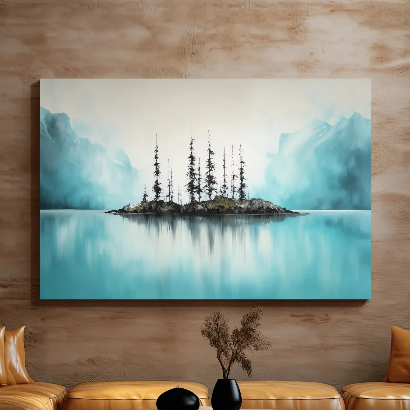 Misty Turquoise Mountain Lake Reflection - Minimalist Watercolor Landscape Wall Art
