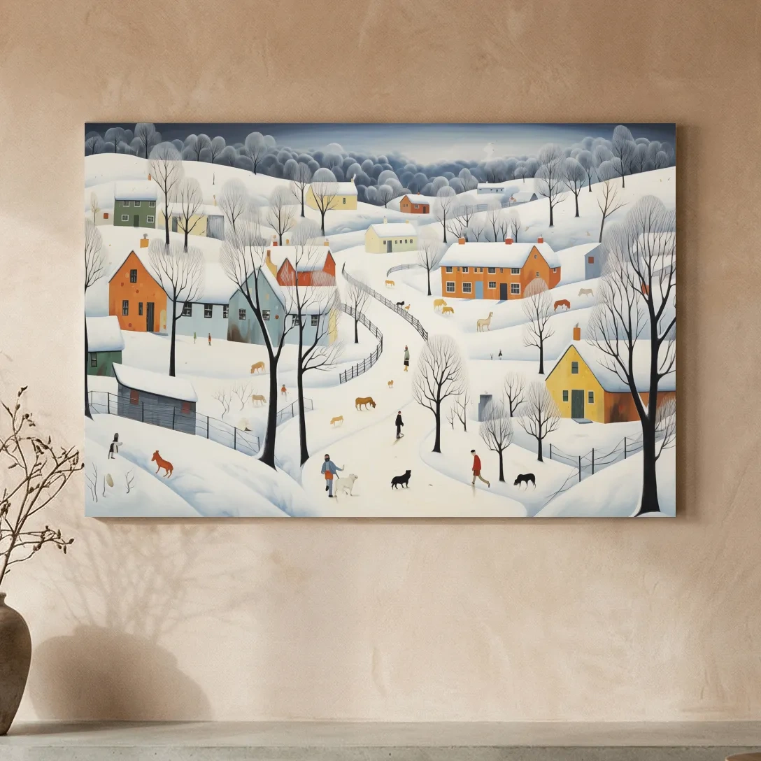 Whimsical Snowy Village Winter Landscape Painting - Folk Art Countryside Wall Art