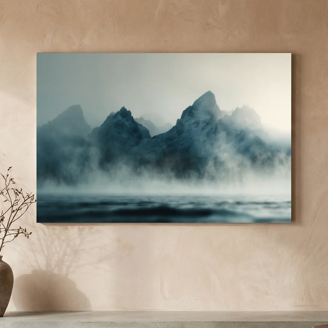 Moody Misty Mountain Peaks Over Water - Atmospheric Monochrome Landscape Wall Art