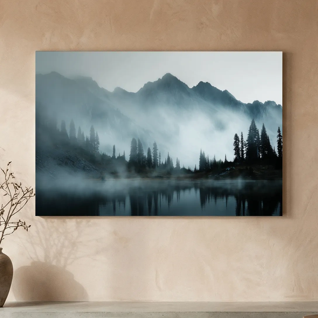 Moody Misty Mountain Lake Photography - Atmospheric Alpine Forest Wall Art
