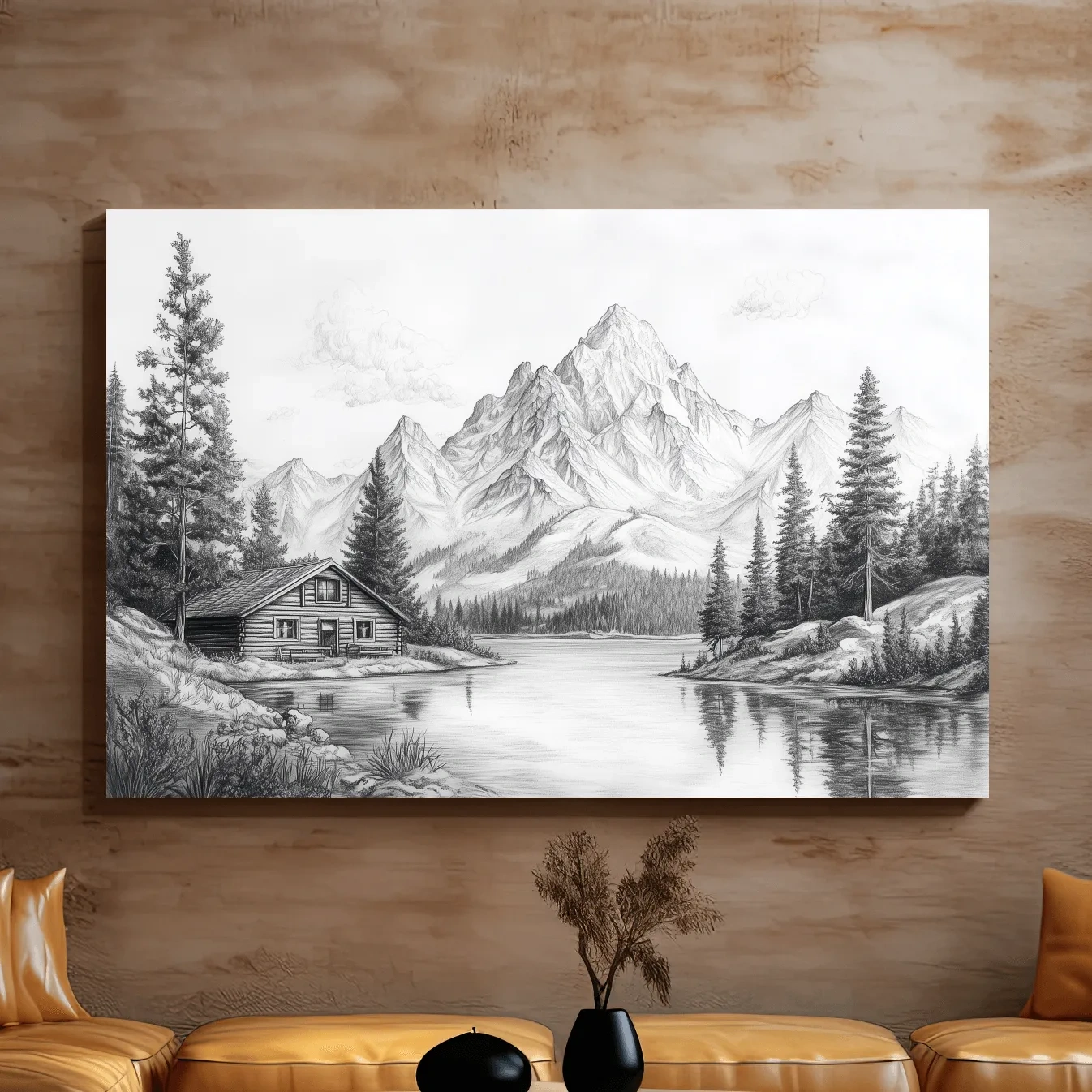 Vintage Pencil Sketch Alpine Lake Cabin - Black And White Mountain Landscape Wall Art