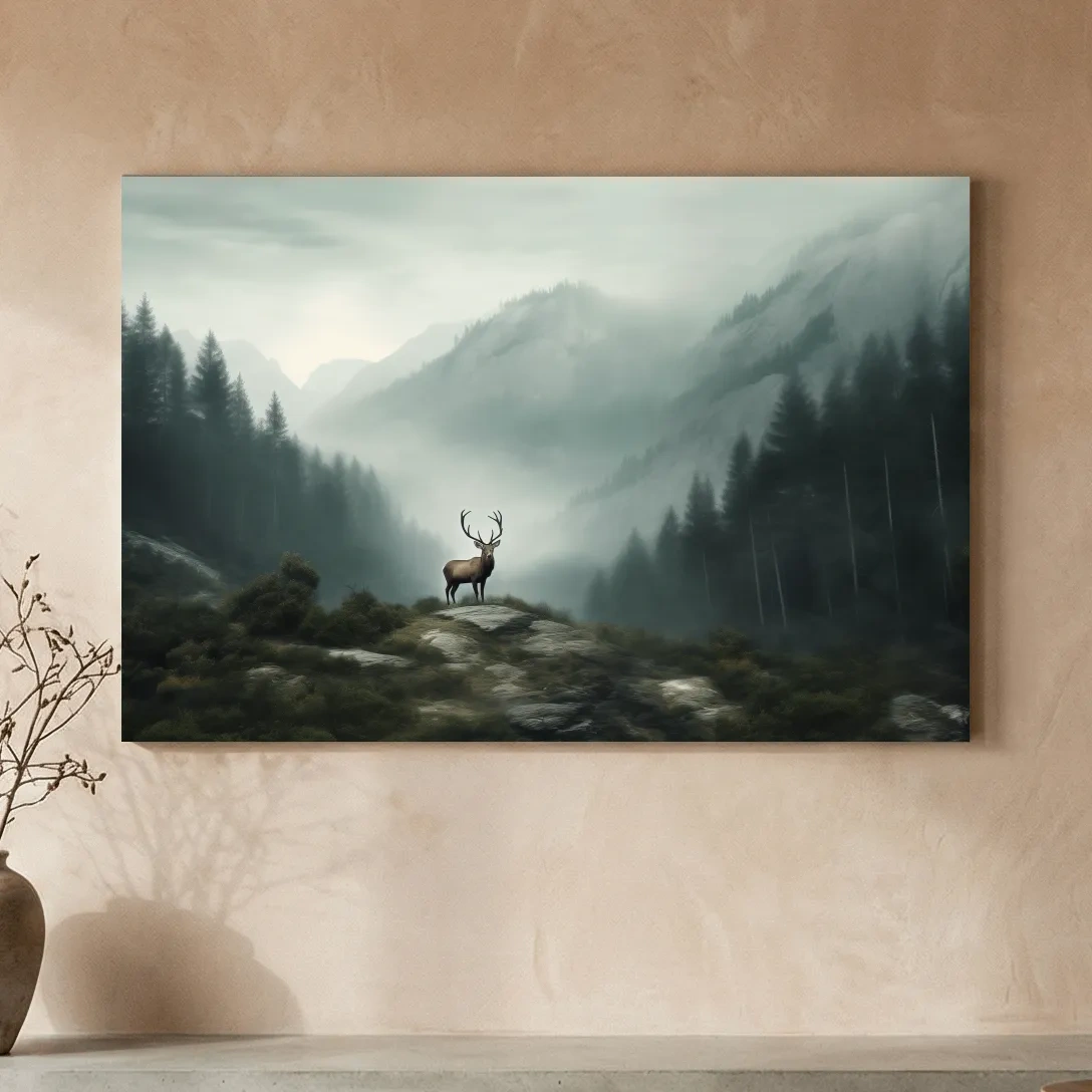 Moody Misty Mountain Deer Landscape - Atmospheric Forest Wildlife Wall Art