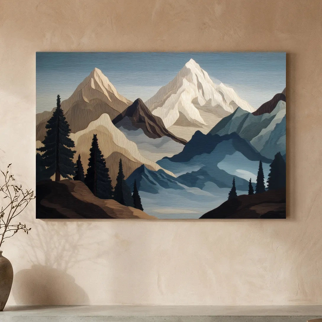 Textured Layered Alpine Mountain Peaks - Scenic Forest Wall Art