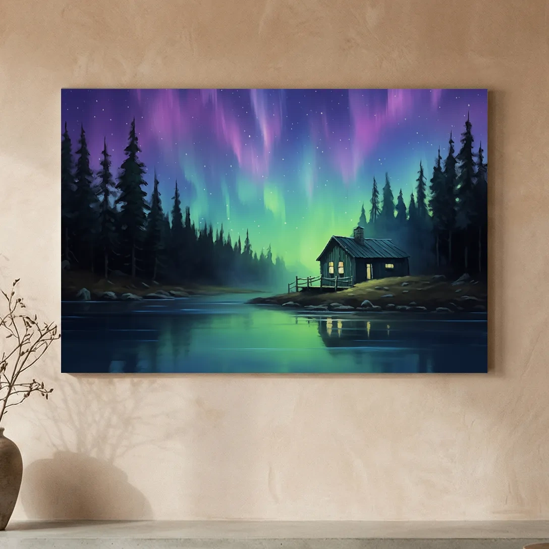 Northern Lights Over Lakeside Cabin Painting - Aurora Borealis Night Wall Art